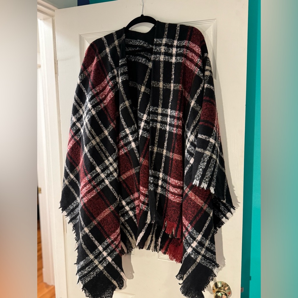 Black & Burgundy Plaid Fringe Cape